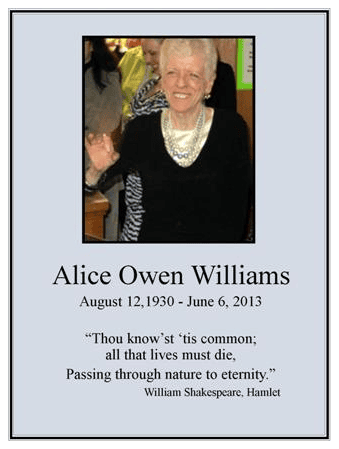 elderly woman smiling and waving, wearing a pearl necklace, featured on a memorial tribute with birth and death dates and a shakespeare quote from hamlet.