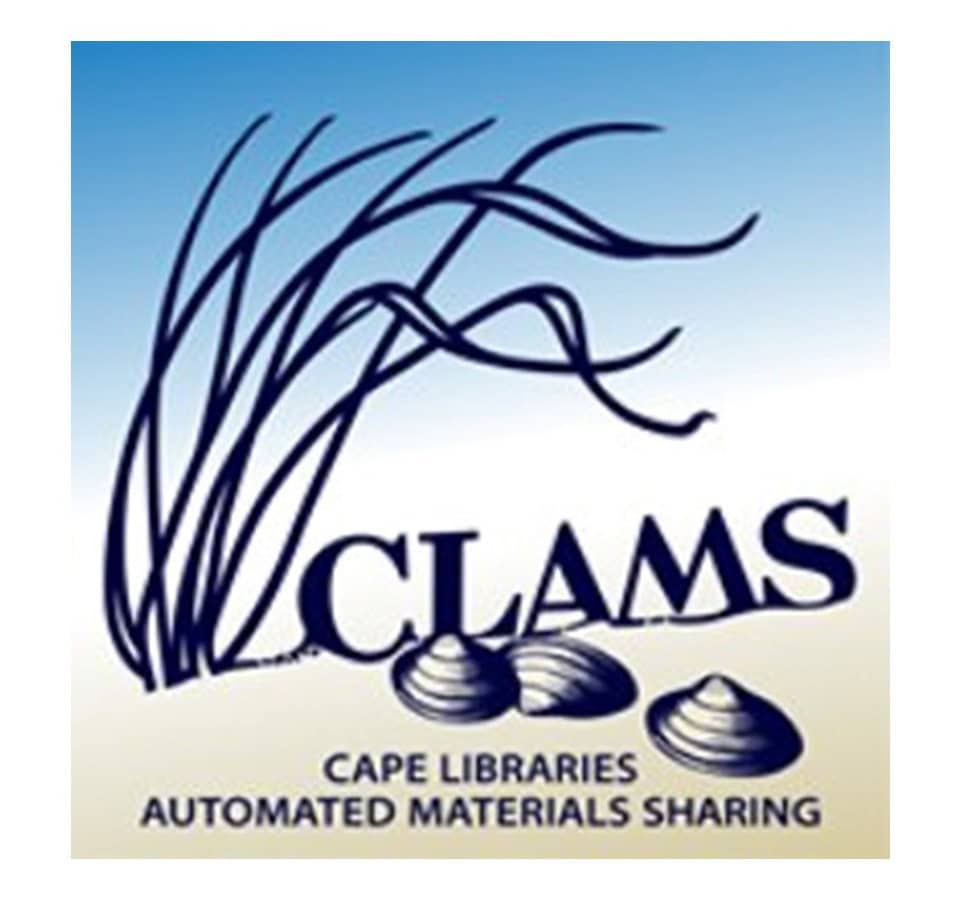 Logo for CLAMS (Cape Libraries Automated Materials Sharing) featuring beach grass, three clamshells, and the full organization name at the bottom.