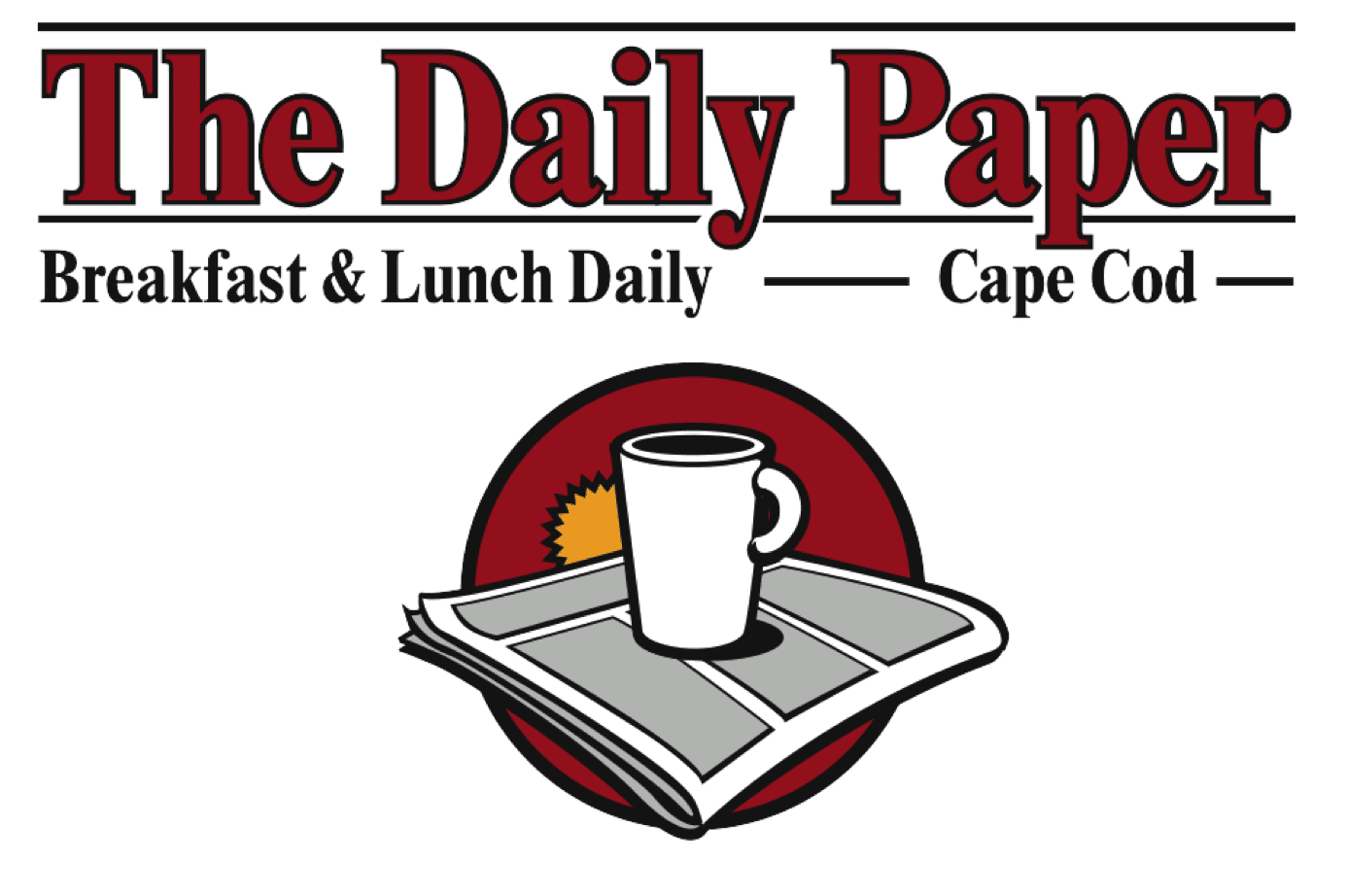 Logo for The Daily Paper restaurant, featuring a coffee mug on a newspaper with a sunrise, and the text "Breakfast & Lunch Daily — Cape Cod.