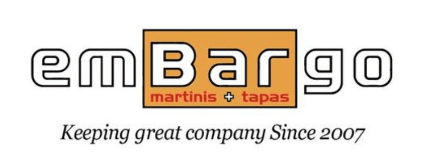 logo for "embargo martinis + tapas" with the tagline "keeping great company since 2007" displayed below the business name.