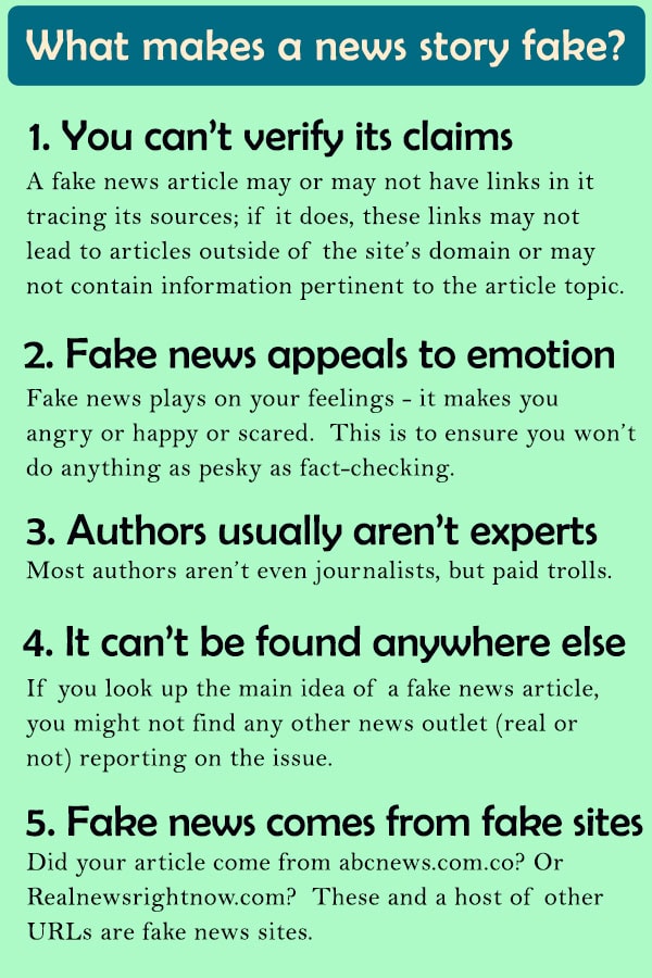 Infographic listing five signs of fake news: unverifiable claims, emotional appeals, lack of expert authors, uniqueness to one site, and sources from fake or unusual websites.