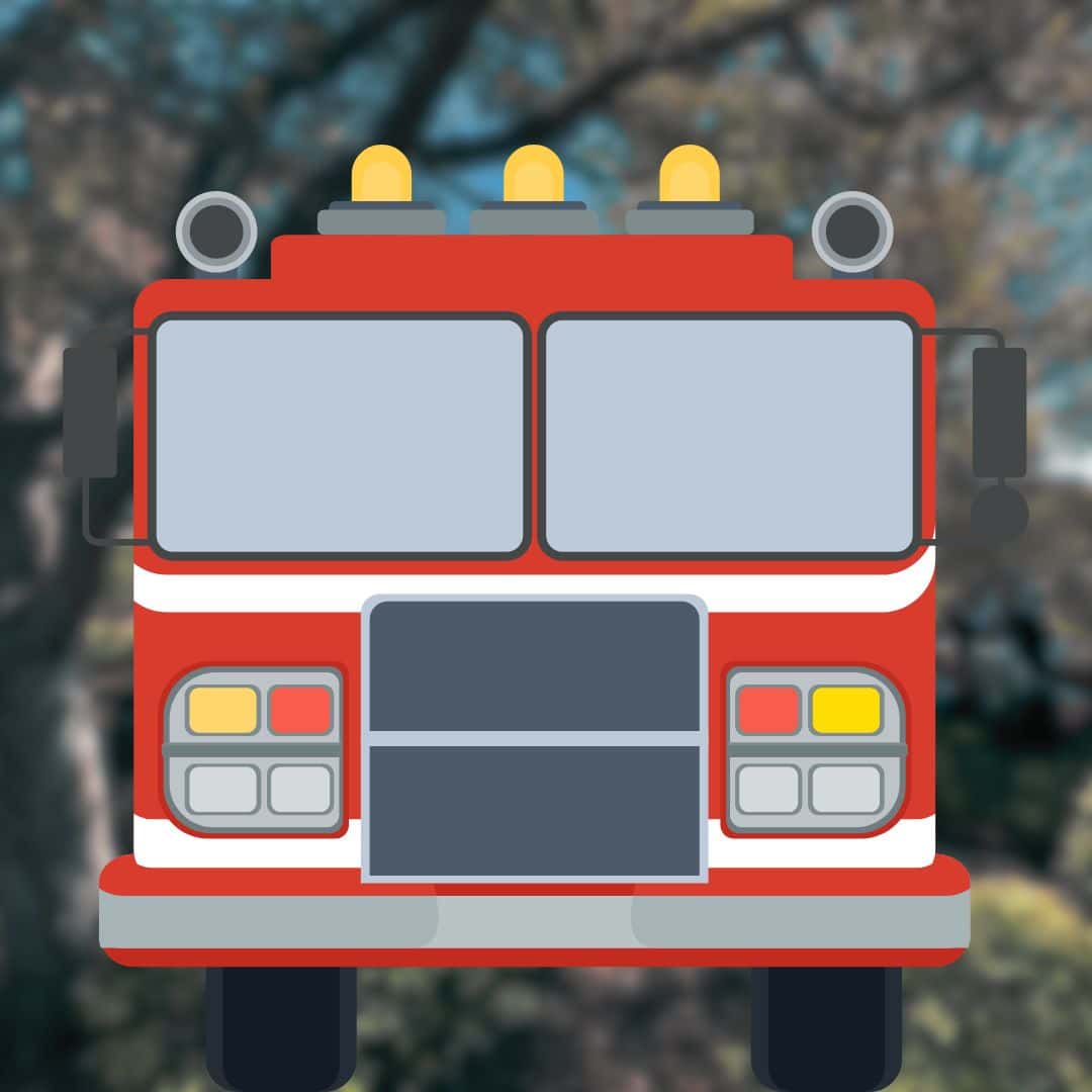 illustration of a red fire truck with yellow lights on top, shown from the front, against a blurred outdoor background.