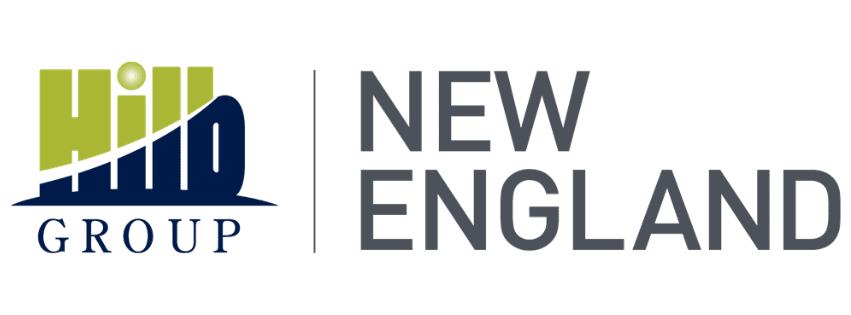 hill group new england logo featuring stylized green and blue text on the left and "new england" in large grey letters on the right.