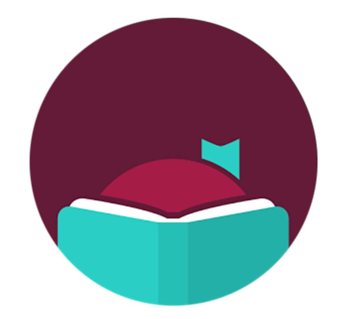 A minimalist icon showing an open teal book with a maroon circle and bookmark in the background.