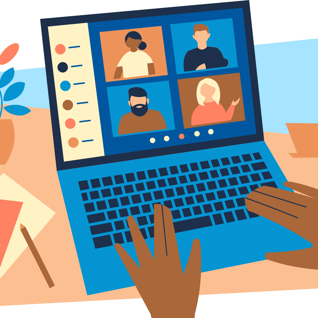 Illustration of a person using a laptop for a video call with four participants, with office supplies and a plant on the desk.