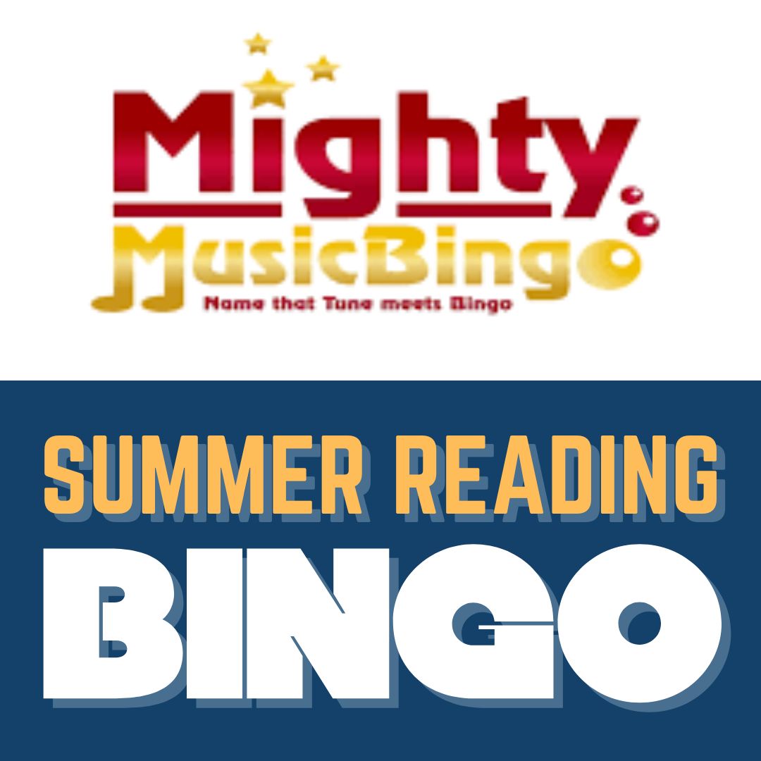 logos for "mighty music bingo" and "summer reading bingo" displayed side by side, featuring bold and playful typography.