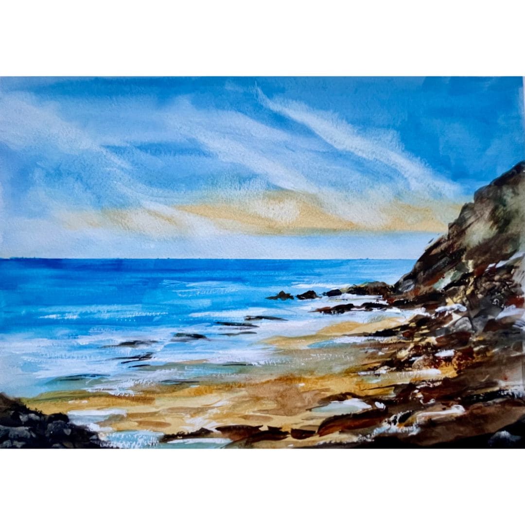 watercolor painting of a coastal landscape with a blue sky, calm sea, and rocky shoreline in the foreground.