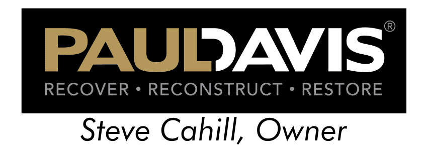 paul davis logo with the words "recover • reconstruct • restore" and "steve cahill, owner" written below.