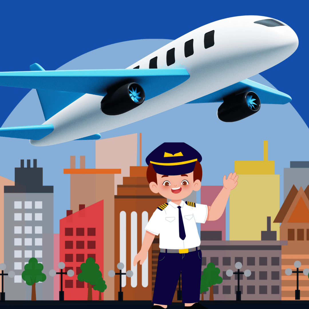 Graphic featuring cartoon pilot below a plane. A colorful cartoon cityscape is in the background.