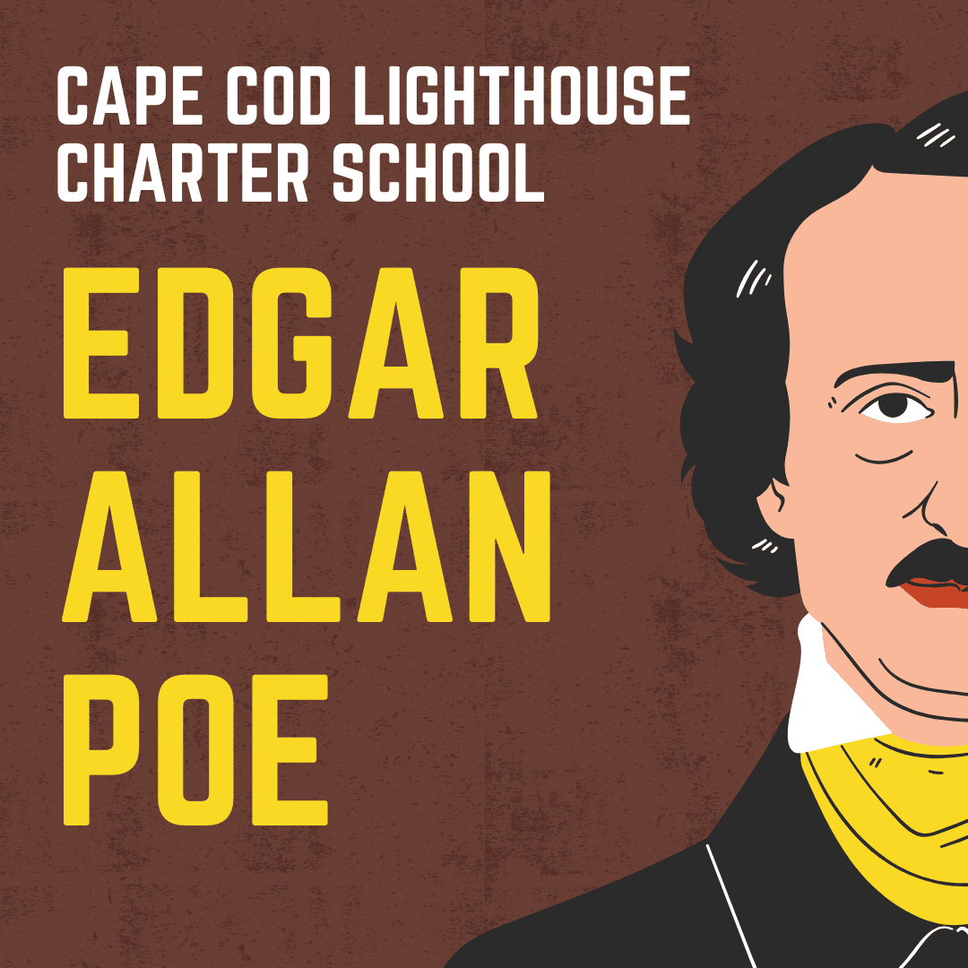 Text reading "Cape Cod Lighthouse Charter School" next to the left half of a drawing of Edgar Allen Poe's face.