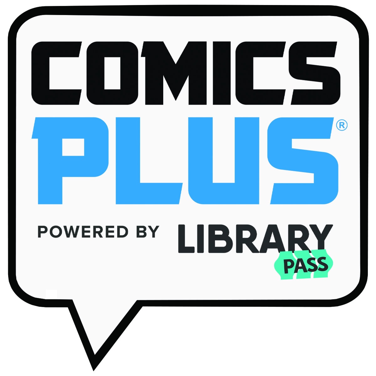 comics plus logo in a speech bubble with text "powered by library pass" underneath.