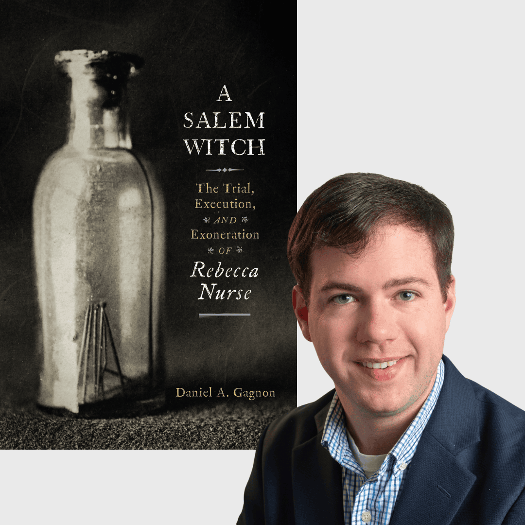 Daniel A Gagnon and the cover of his book, A Salem Witch