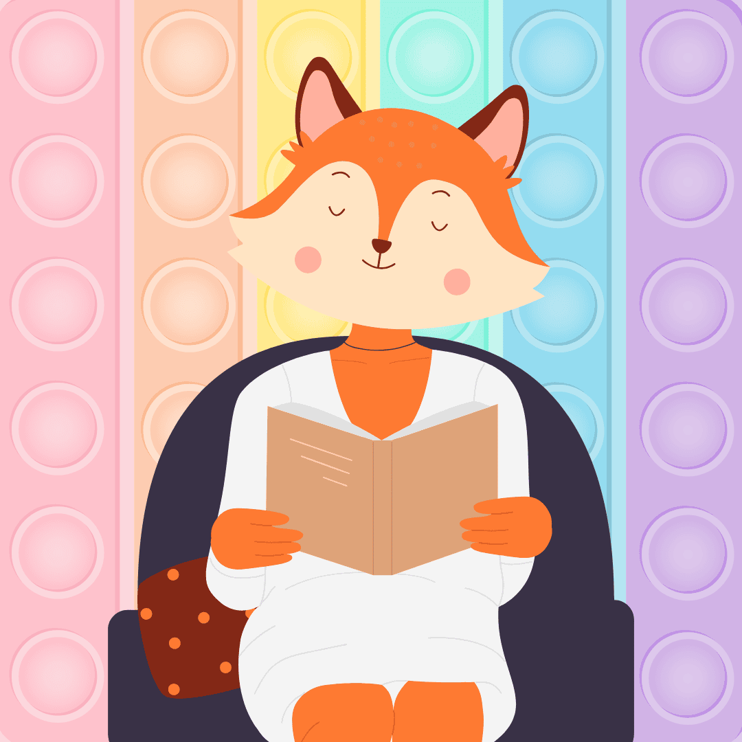 Graphic featuring a cartoon fox sitting with a book open in front of a pastel rainbow patterned background.