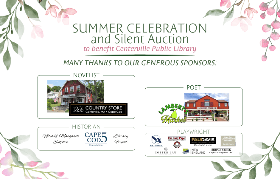 event flyer for centerville public library’s summer celebration and silent auction, thanking sponsors in four categories: novelist, poet, historian, and playwright, with respective logos.