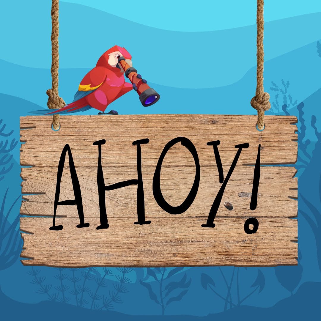 a cartoon parrot holding a telescope sits on a rope hung wooden sign that reads "ahoy!" against an underwater themed blue background.