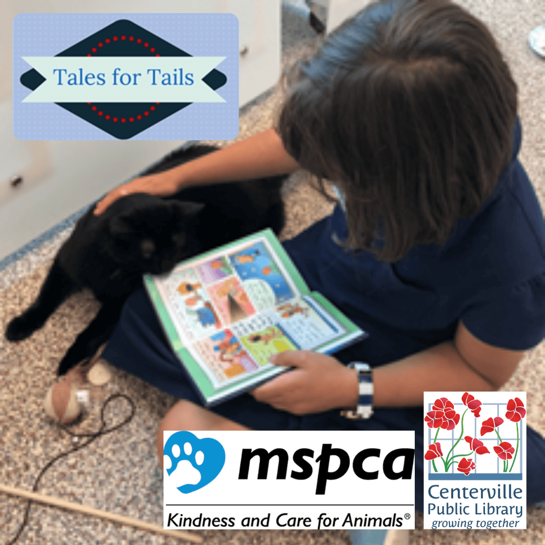 A child reads a book to a black cat on the floor. Logos for Tales for Tails, MSPCA, and Centerville Public Library are shown.